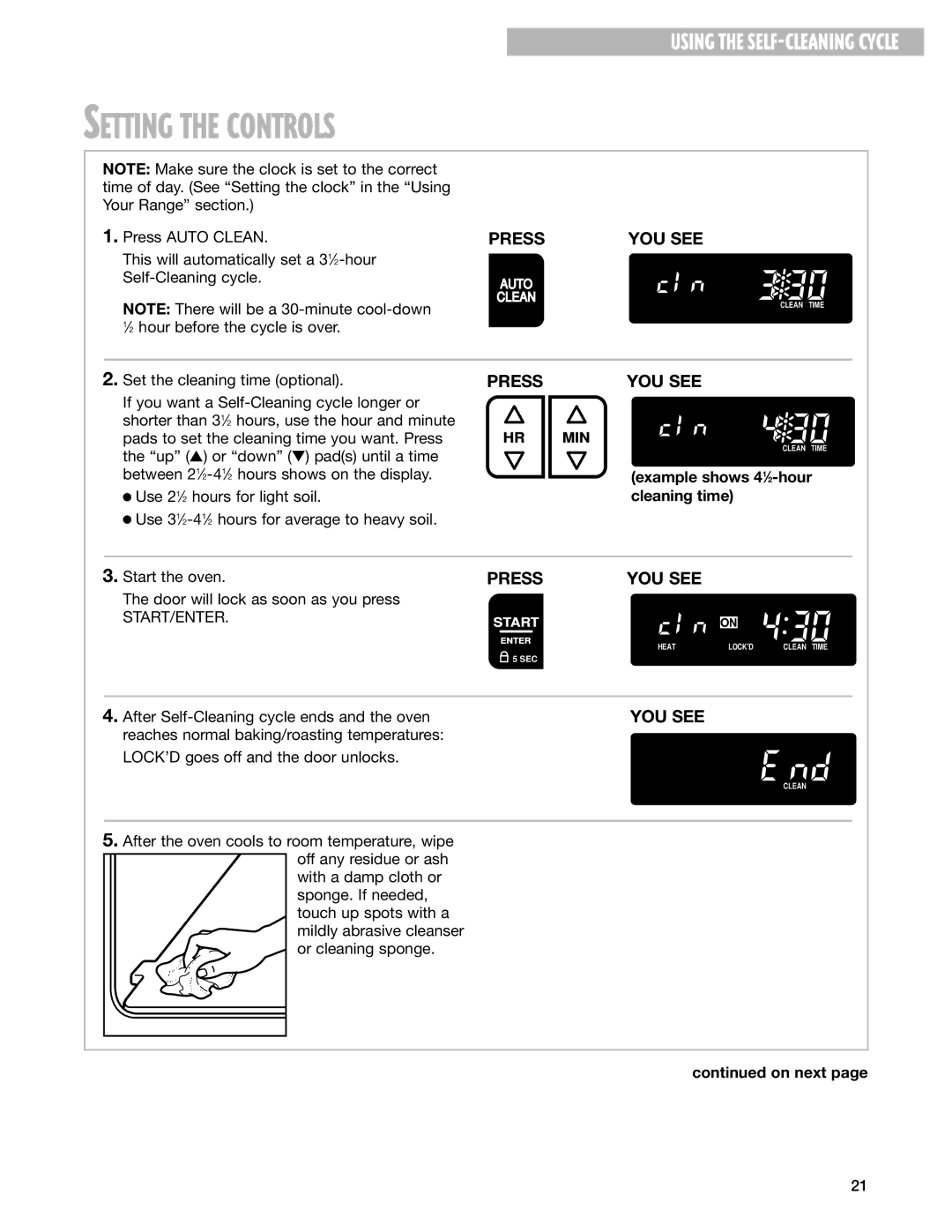 Whirlpool SF385PEG, SF387LEG warranty Setting the Controls, Example shows 4 1⁄ 2-hour, Cleaning time 