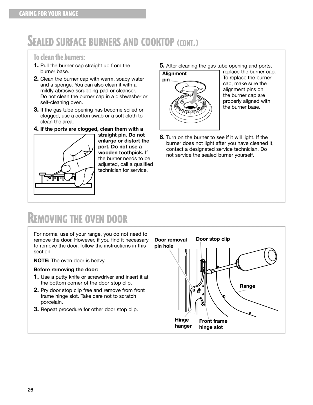 Whirlpool SF387LEG, SF385PEG warranty Removing the Oven Door, To clean the burners 