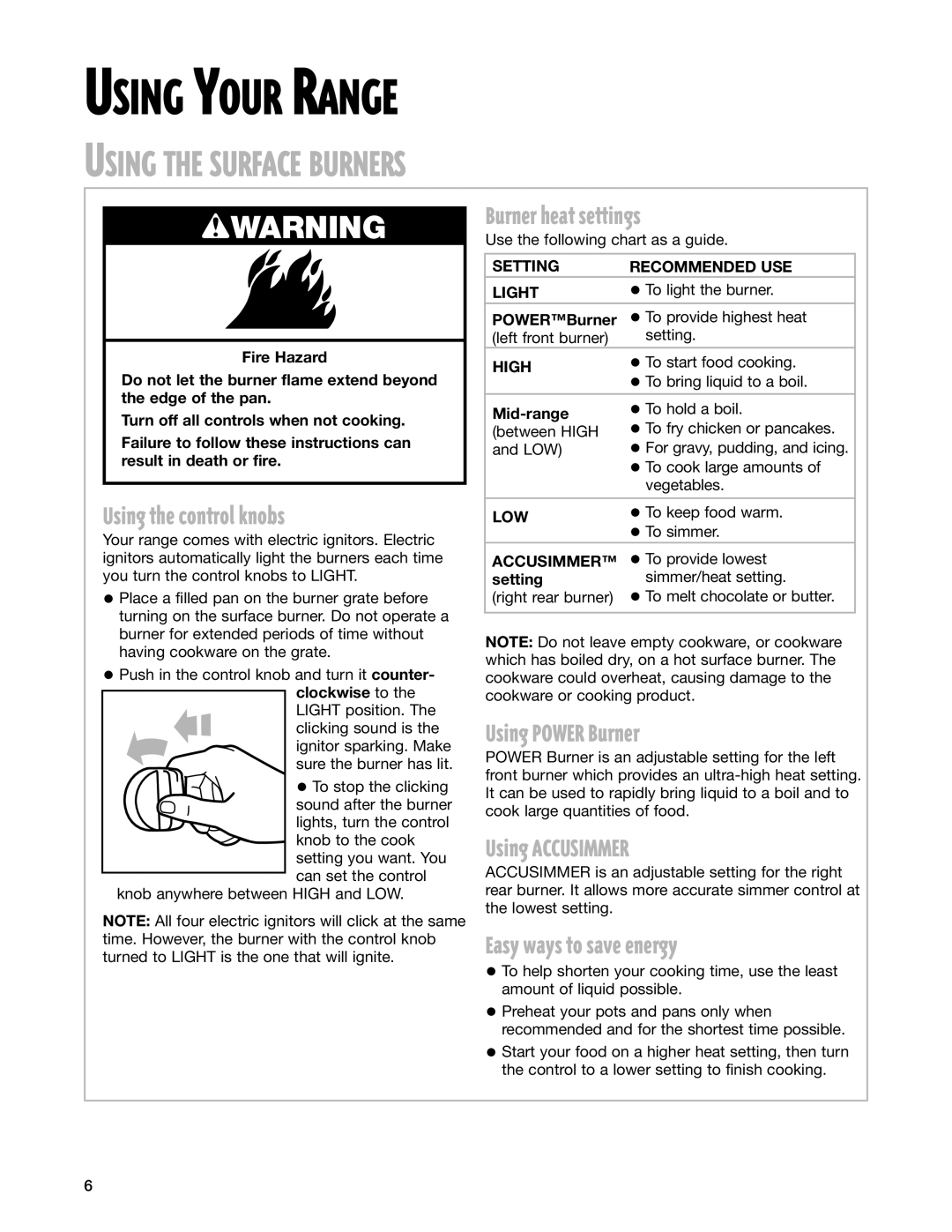 Whirlpool SF387LEG, SF385PEG warranty Using Your Range, Using the Surface Burners 