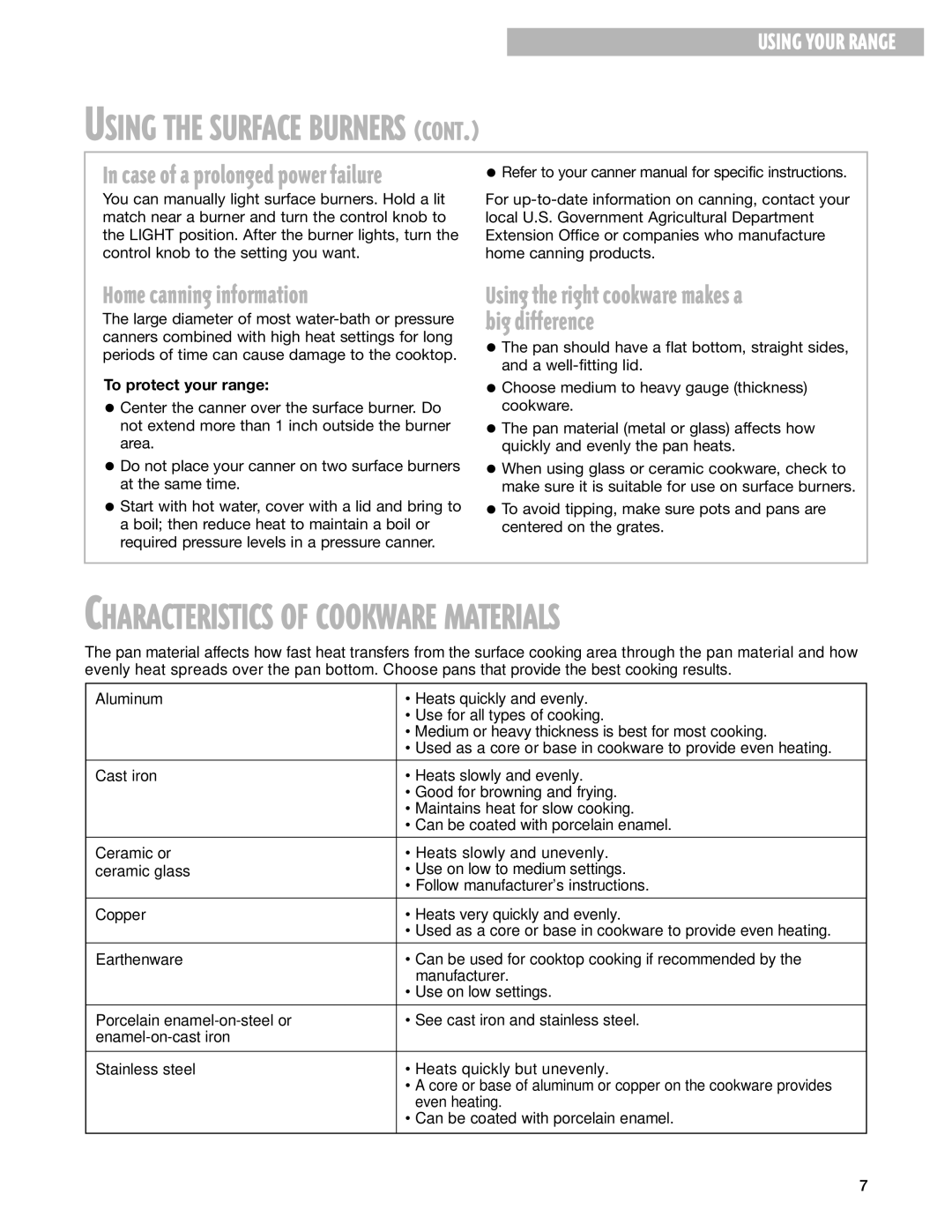 Whirlpool SF385PEG, SF387LEG warranty Home canning information, Big difference, To protect your range 