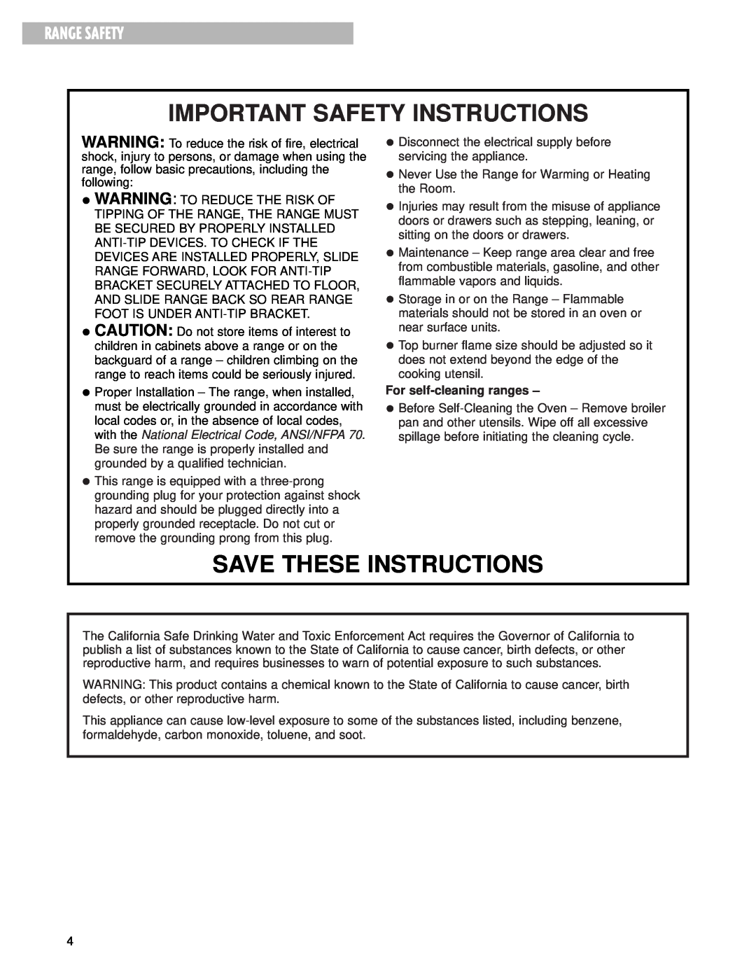 Whirlpool SF387LEG warranty Range Safety, Important Safety Instructions, Save These Instructions, For self-cleaning ranges 