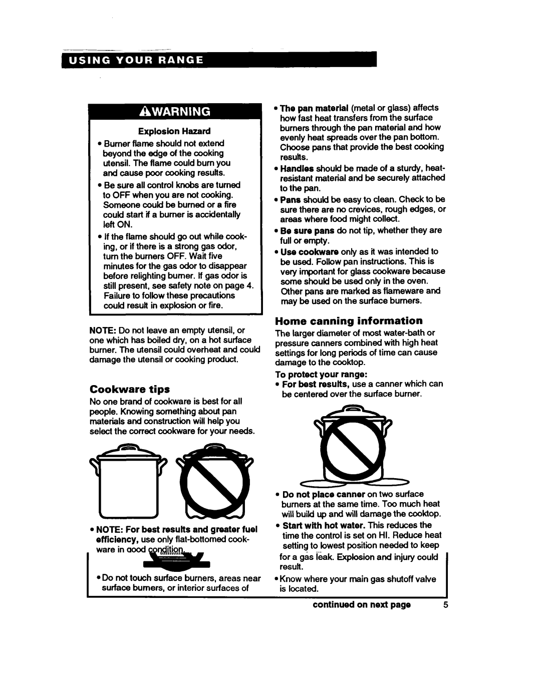 Whirlpool SF388PEW warranty Cookware tips, Home canning information, Explosion Hazard 