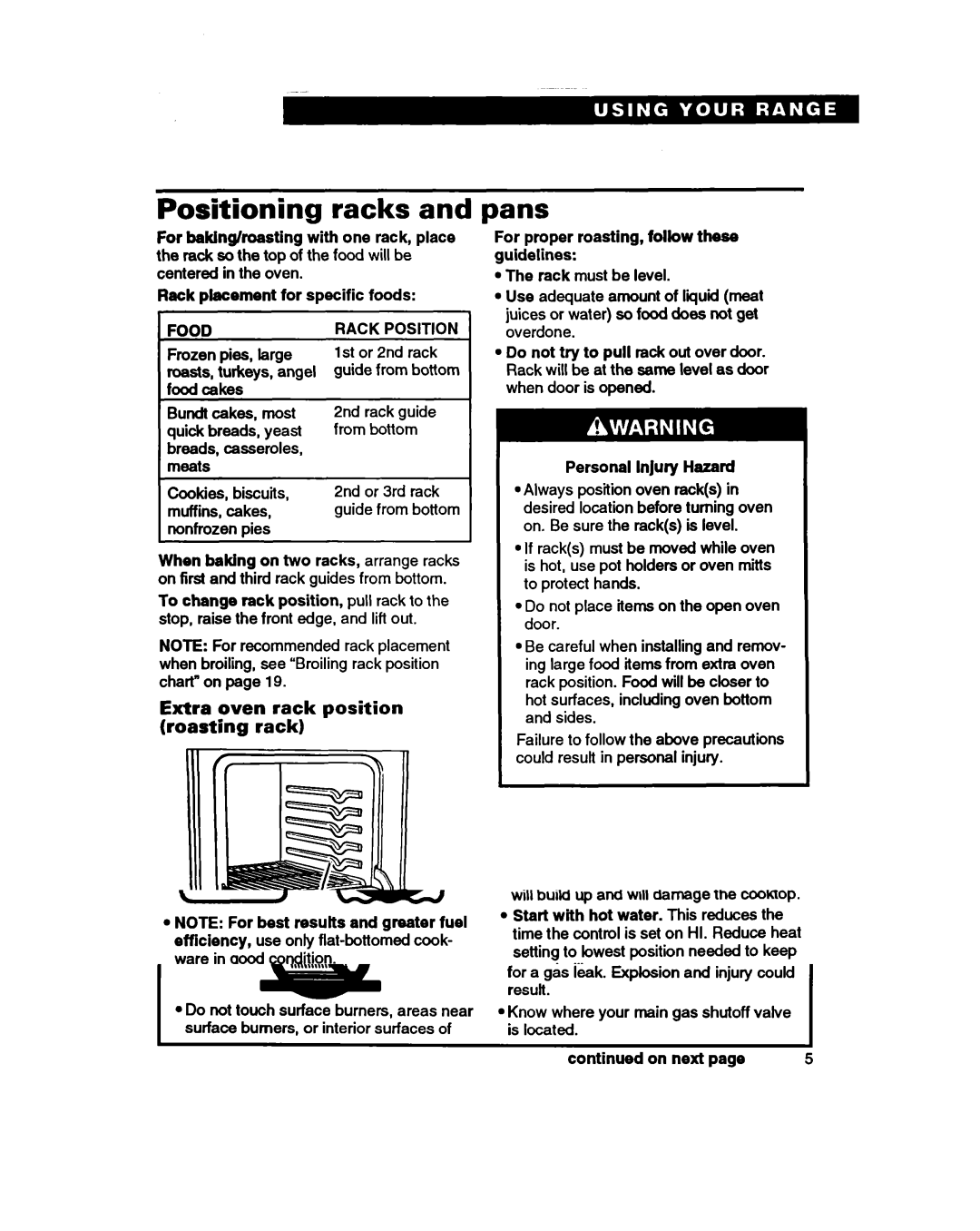 Whirlpool SF388PEW warranty Positioning racks, Pans, Extra oven rack position Roasting rack, Nonfrozen pies 