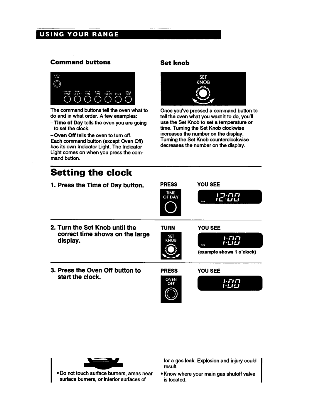 Whirlpool SF388PEW warranty Setting the clock, Command Buttons Set knob, Press YOU see Turn 