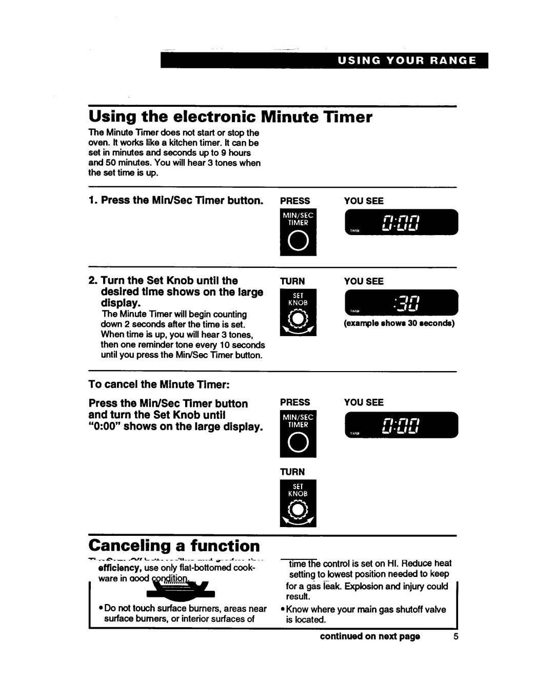 Whirlpool SF388PEW Using the electronic Minute, Timer, Canceling a function, Example shows 30 seconds, YOU see Turn 