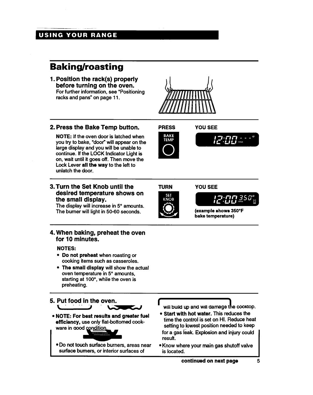 Whirlpool SF388PEW warranty Baking/roasting, Press, Turn YOU see, Display will increase in 5 amounts 