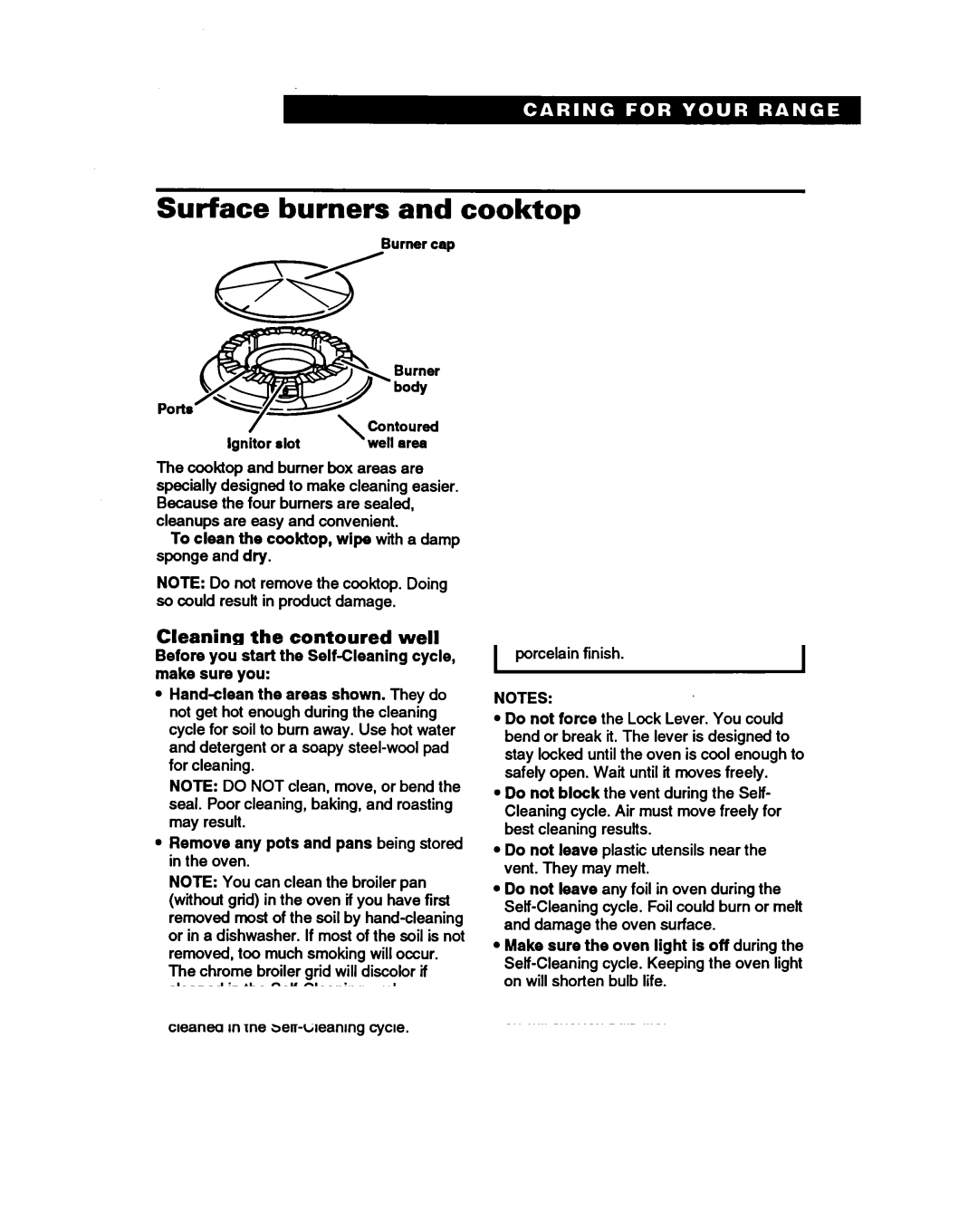 Whirlpool SF388PEW warranty Surface burners and cooktop, Cleaning the contoured well areas, Burner csa, Well ares 