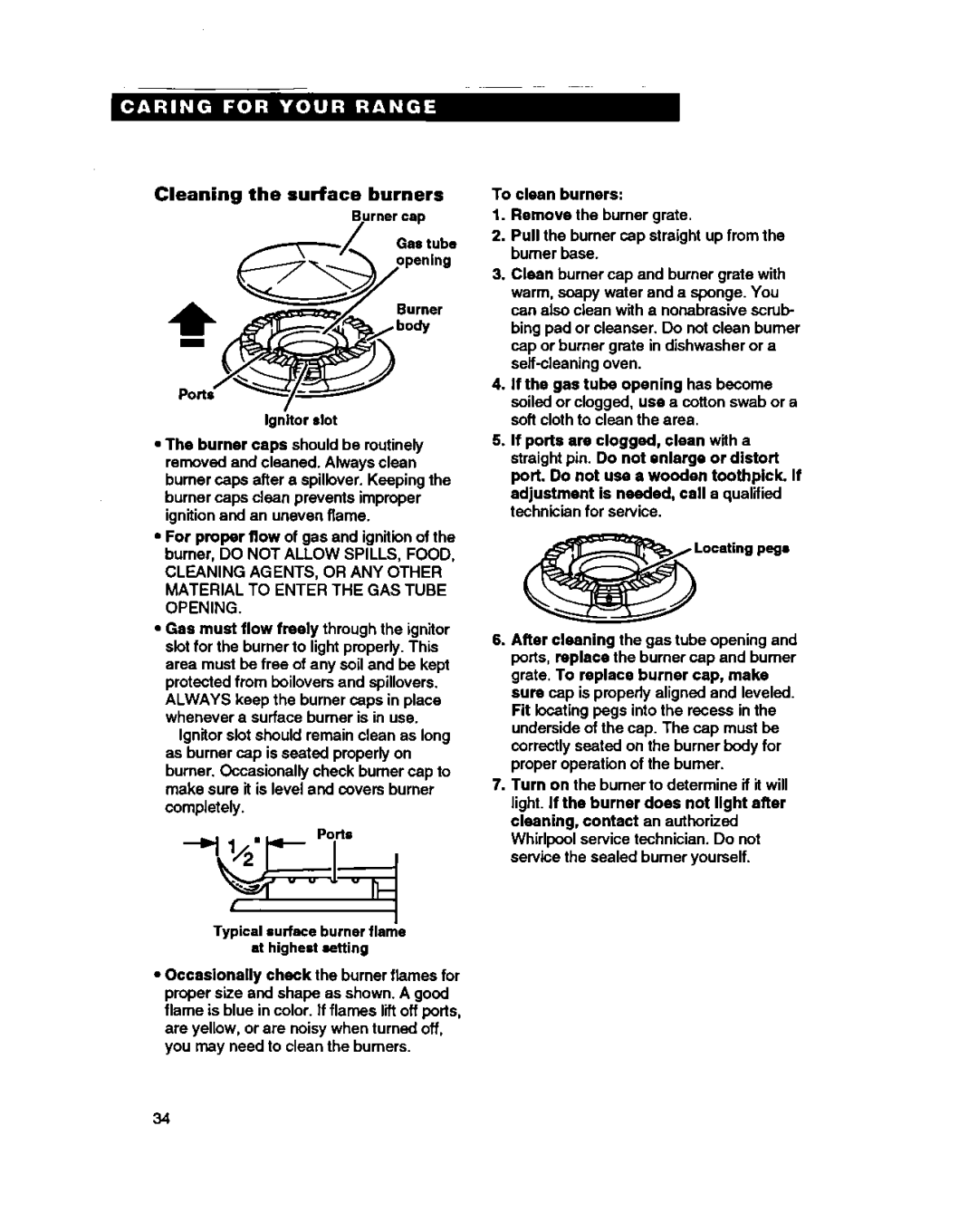 Whirlpool SF388PEW warranty Cleaning the surface burners 