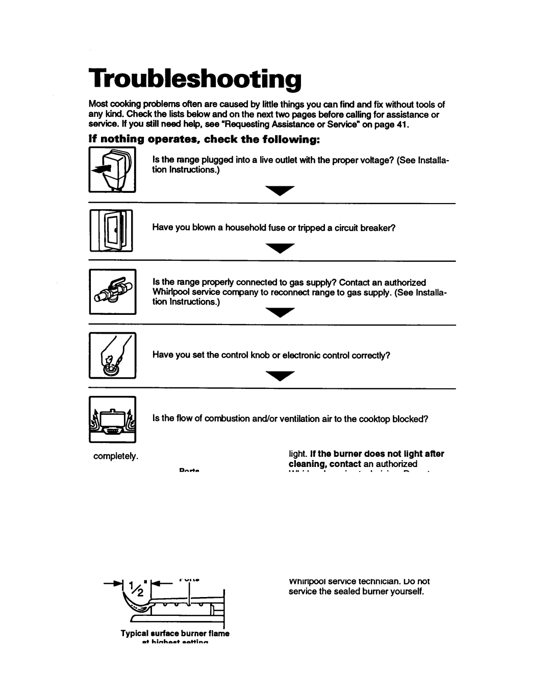 Whirlpool SF388PEW warranty Troubleshooting, If nothing Operates, check the following 