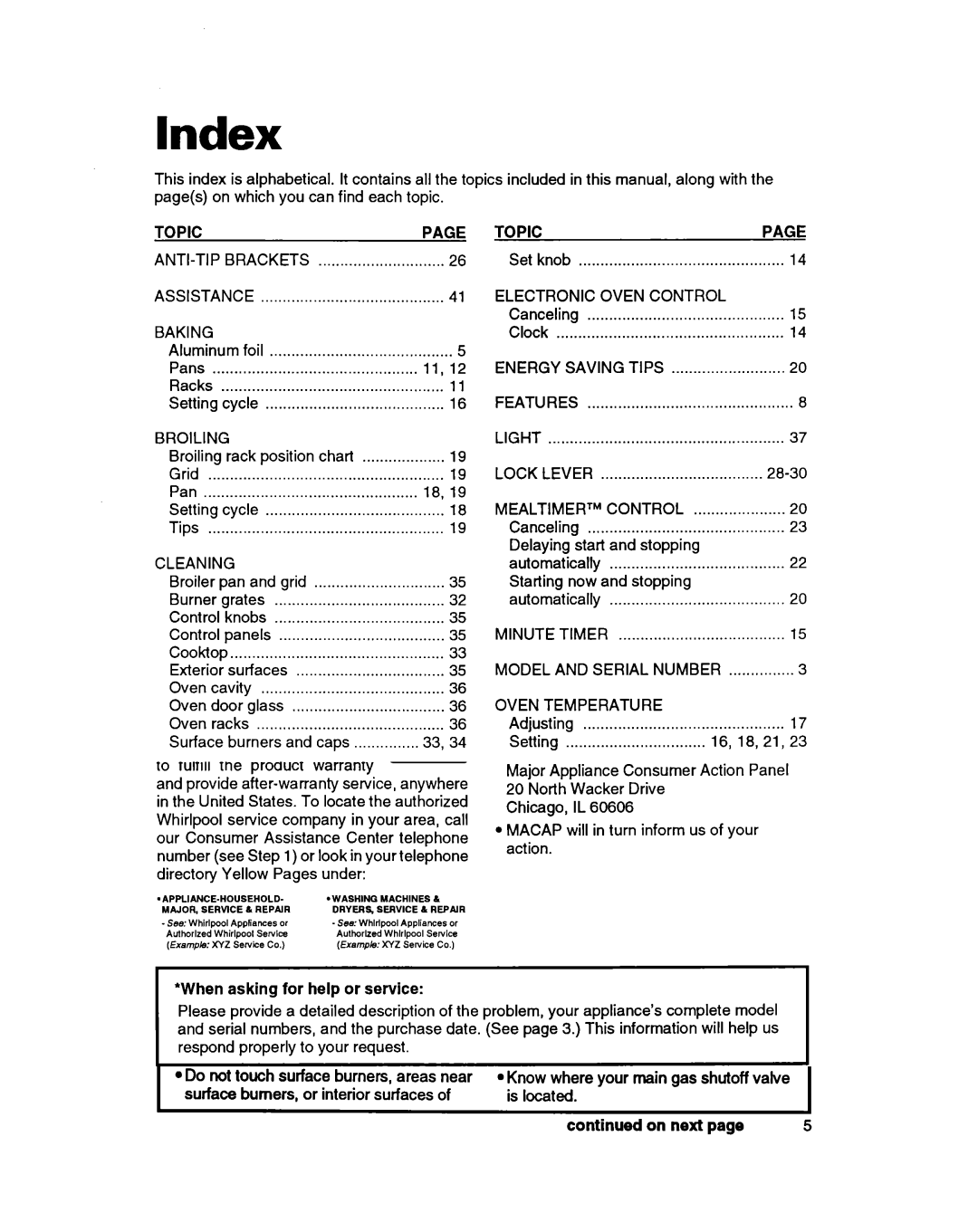 Whirlpool SF388PEW warranty Index, Topic 