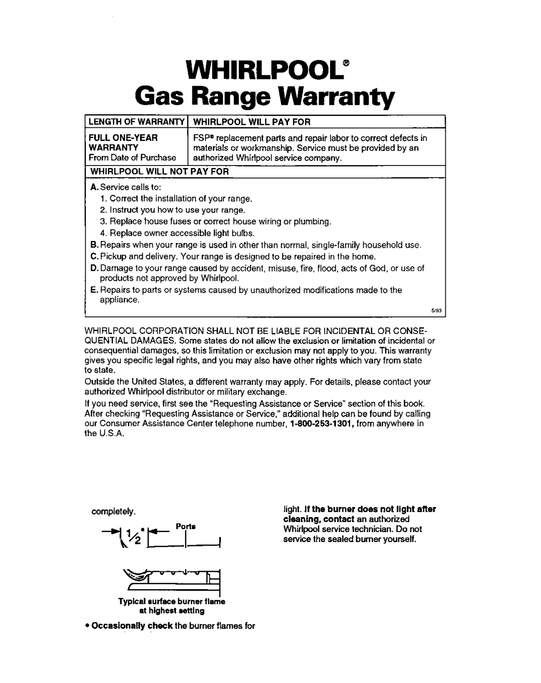 Whirlpool SF388PEW warranty Gas Range Warranty, Length of Warranty Whirlpool will PAY for, Whirlpool will not PAY for 