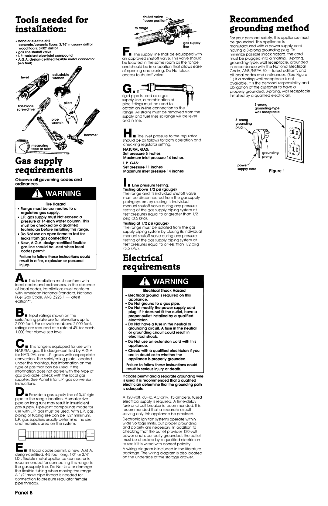 Whirlpool SF388PEWN0 installation instructions Tools needed For Installation, Panel B, Naturalgas, Gas 