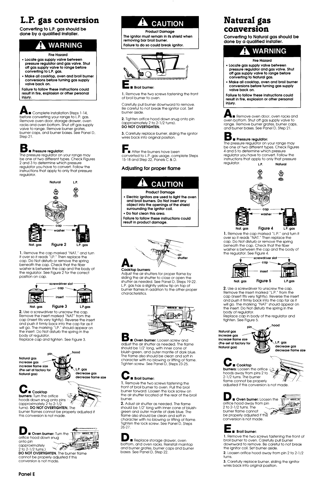 Whirlpool SF388PEWN0 Gas conversion, Natural gas conversion, Adjusting for proper flame, Panel E, Do not Overtighten 