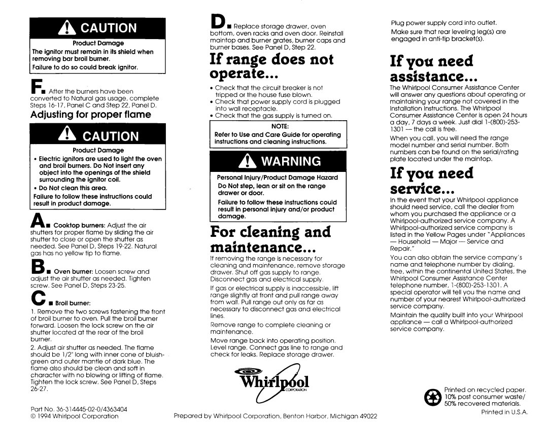 Whirlpool SF388PEWN0 If range does not Operate, If you need Assistance, For cleaning Mahtenance, If you need Servfce 