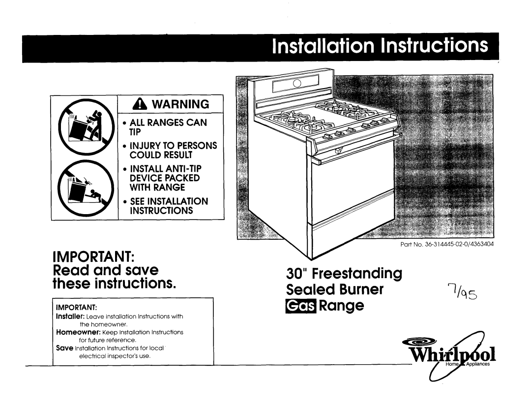 Whirlpool SF388PEWN0 installation instructions Read and save, Sealed Burner, m Range, All Ranges Can Tip, Installanti-Tip 