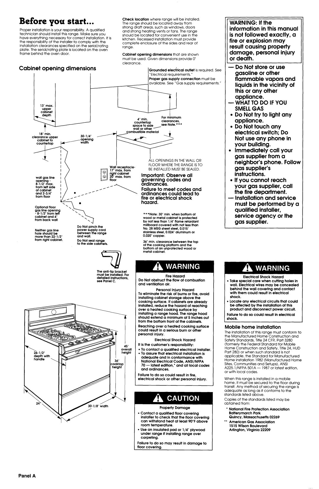 Whirlpool SF388PEWN0 Before you start, Cabinet opening, dimensions, Whatto Do If You Smellgas, l Do Not try to light any 