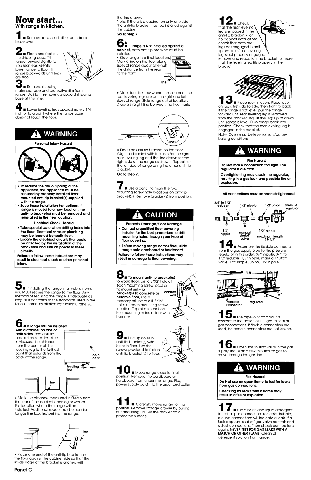 Whirlpool SF388PEWN0 installation instructions Now start, With range in kitchen, Panel C 