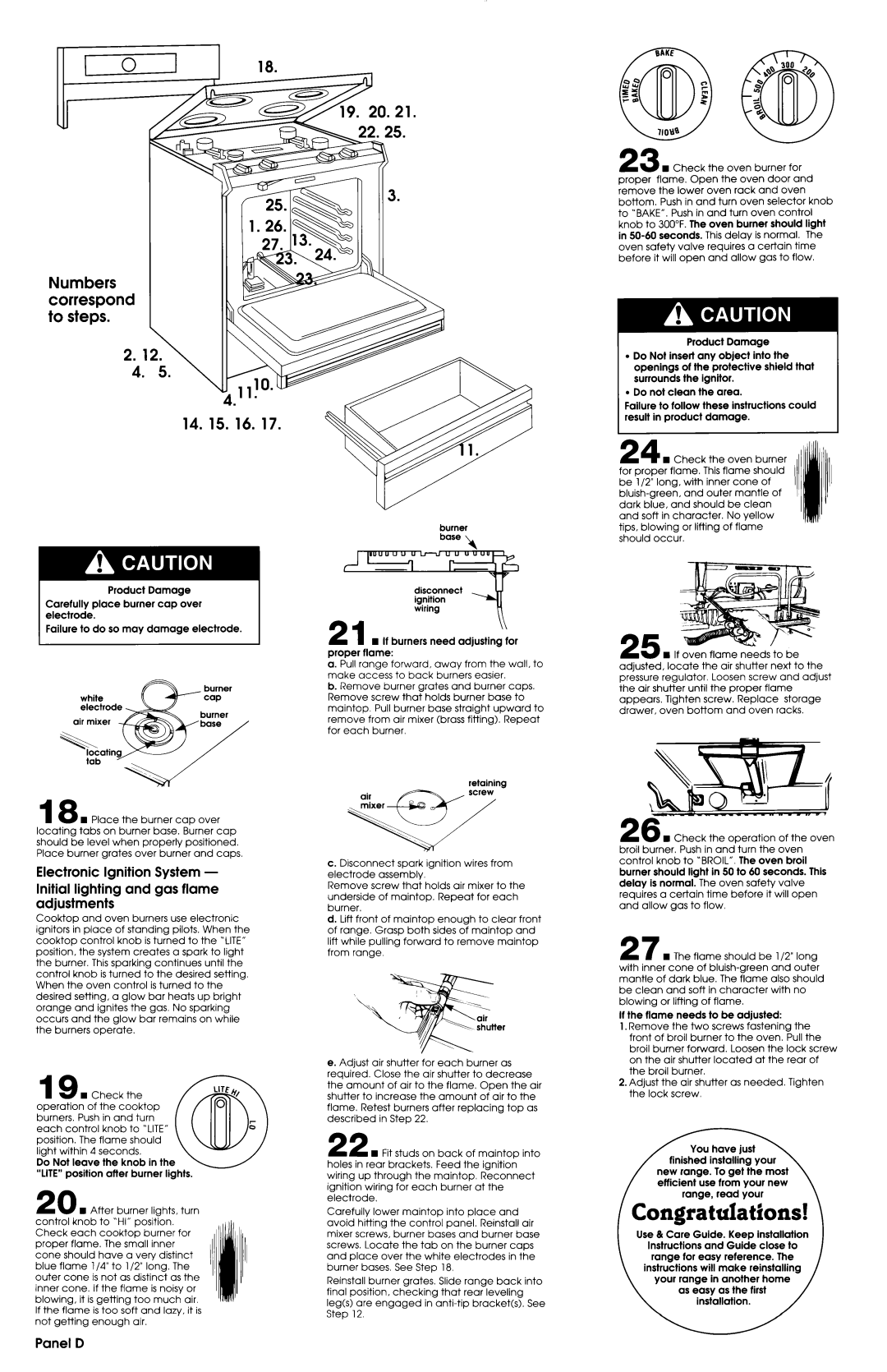 Whirlpool SF388PEWN0 installation instructions Numbers correspond to steps, Panel D, Congritulations 
