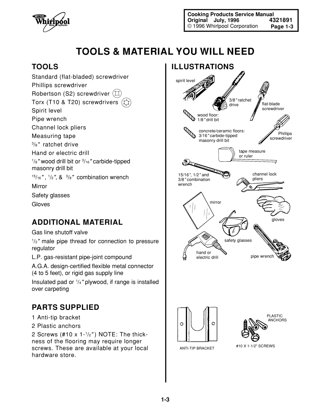 Whirlpool FGS335E W/N, SF395LEE Q/Z/B Tools & Material YOU will Need, Additional Material, Parts Supplied Illustrations 