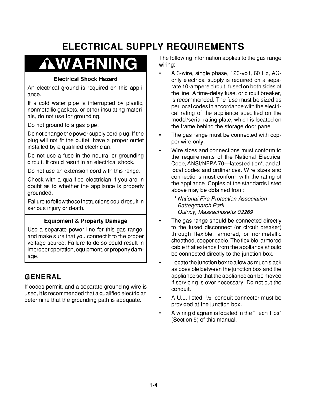 Whirlpool SF395LEE Q/Z/B, TGS325E W, SF385PEE Q/Z, SF372BEE Q/Z Electrical Supply Requirements, Equipment & Property Damage 