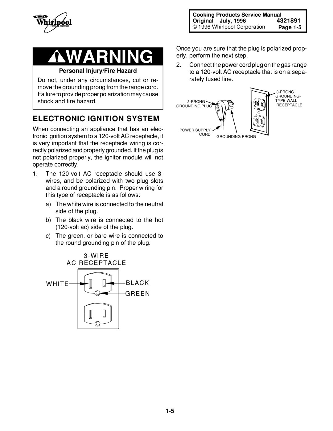 Whirlpool TGS325E W, SF395LEE Q/Z/B, SF385PEE Q/Z, SF372BEE Q/Z Electronic Ignition System, Personal Injury/Fire Hazard 