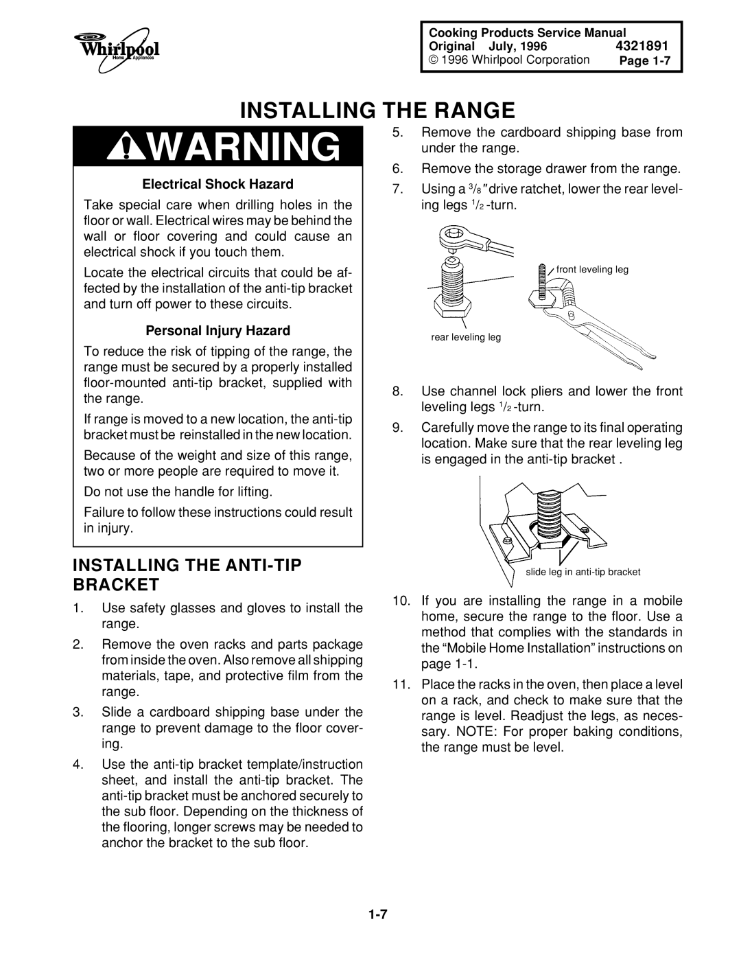 Whirlpool SF372BEE Q/Z, SF395LEE Q/Z/B, TGS325E W, SF385PEE Q/Z Installing the Range, Installing the ANTI-TIP Bracket 