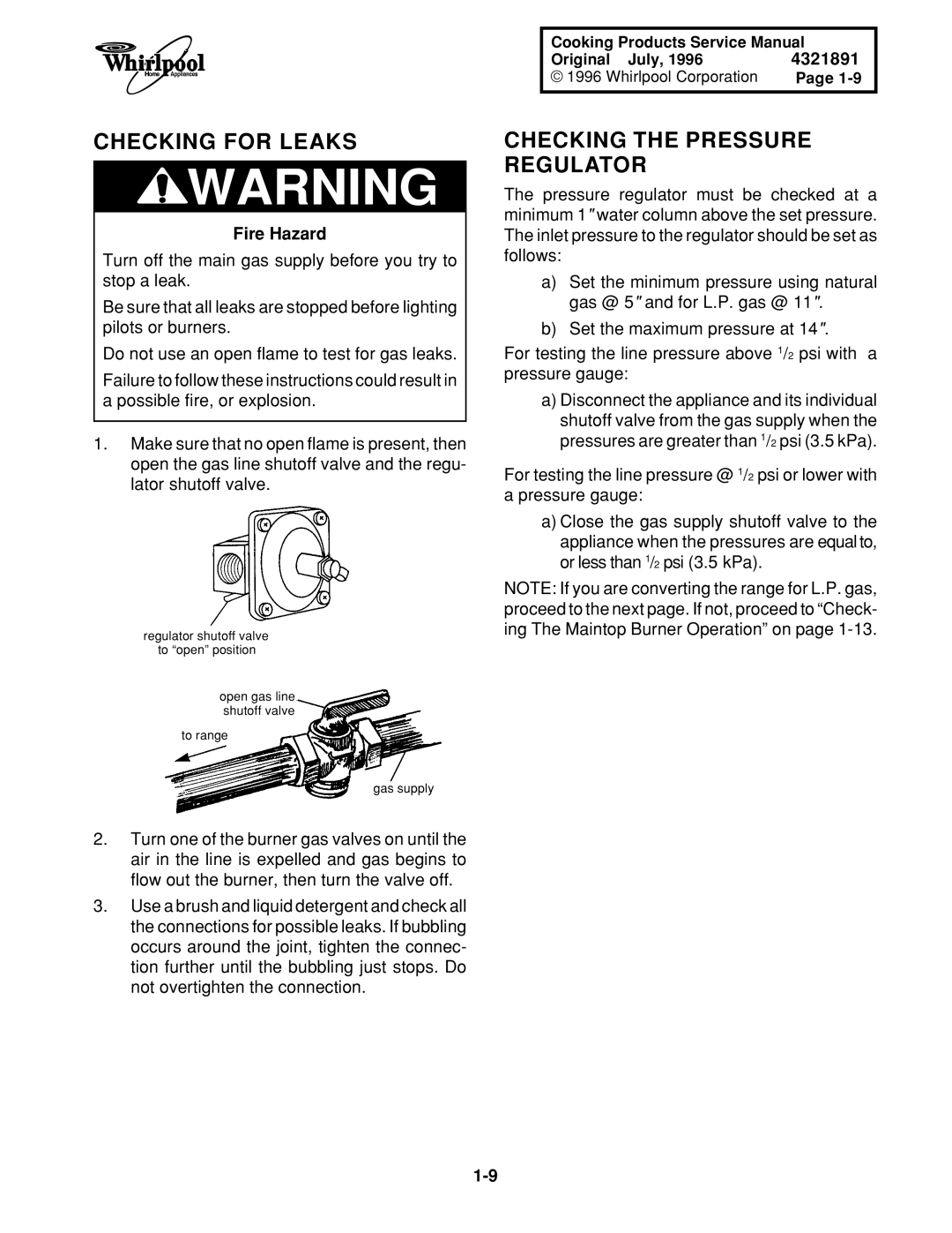 Whirlpool SF372BEE W/N, SF395LEE Q/Z/B, TGS325E W, SF385PEE Q/Z Checking for Leaks, Checking the Pressure Regulator 