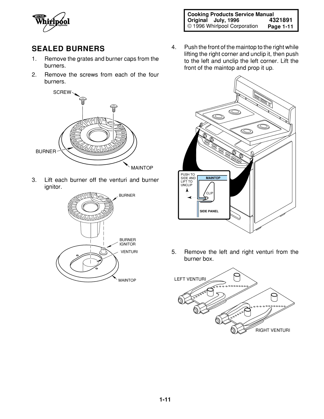 Whirlpool SF375PEE Q/Z, SF395LEE Q/Z/B, TGS325E W Sealed Burners, Remove the left and right venturi from the burner box 