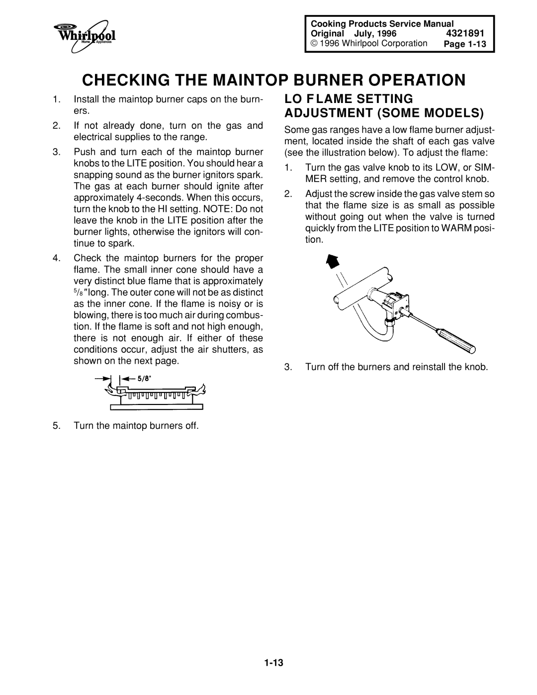 Whirlpool SF375PEE W/N, SF395LEE Q/Z/B Checking the Maintop Burner Operation, LO F Lame Setting Adjustment Some Models 