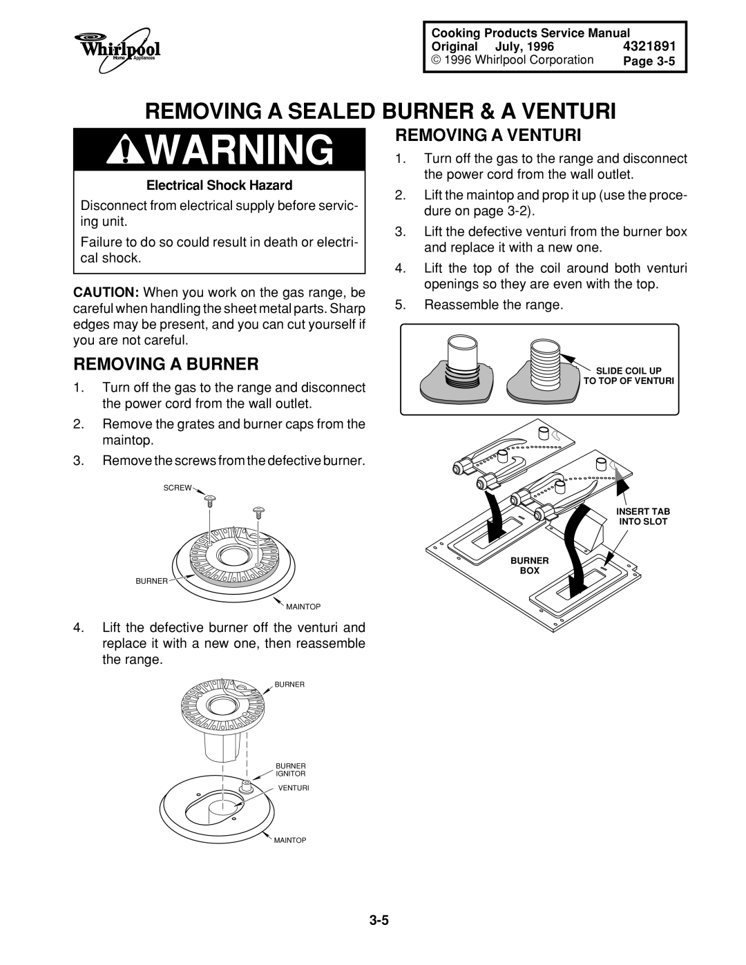 Whirlpool FGS335E W/N, SF395LEE Q/Z/B Removing a Sealed Burner & a Venturi, Removing a Burner, Removing a Venturi 