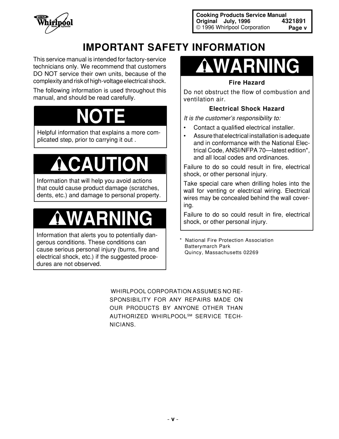 Whirlpool SF372BEE W/N, SF395LEE Q/Z/B, TGS325E W, SF385PEE Q/Z Important Safety Information, Electrical Shock Hazard 