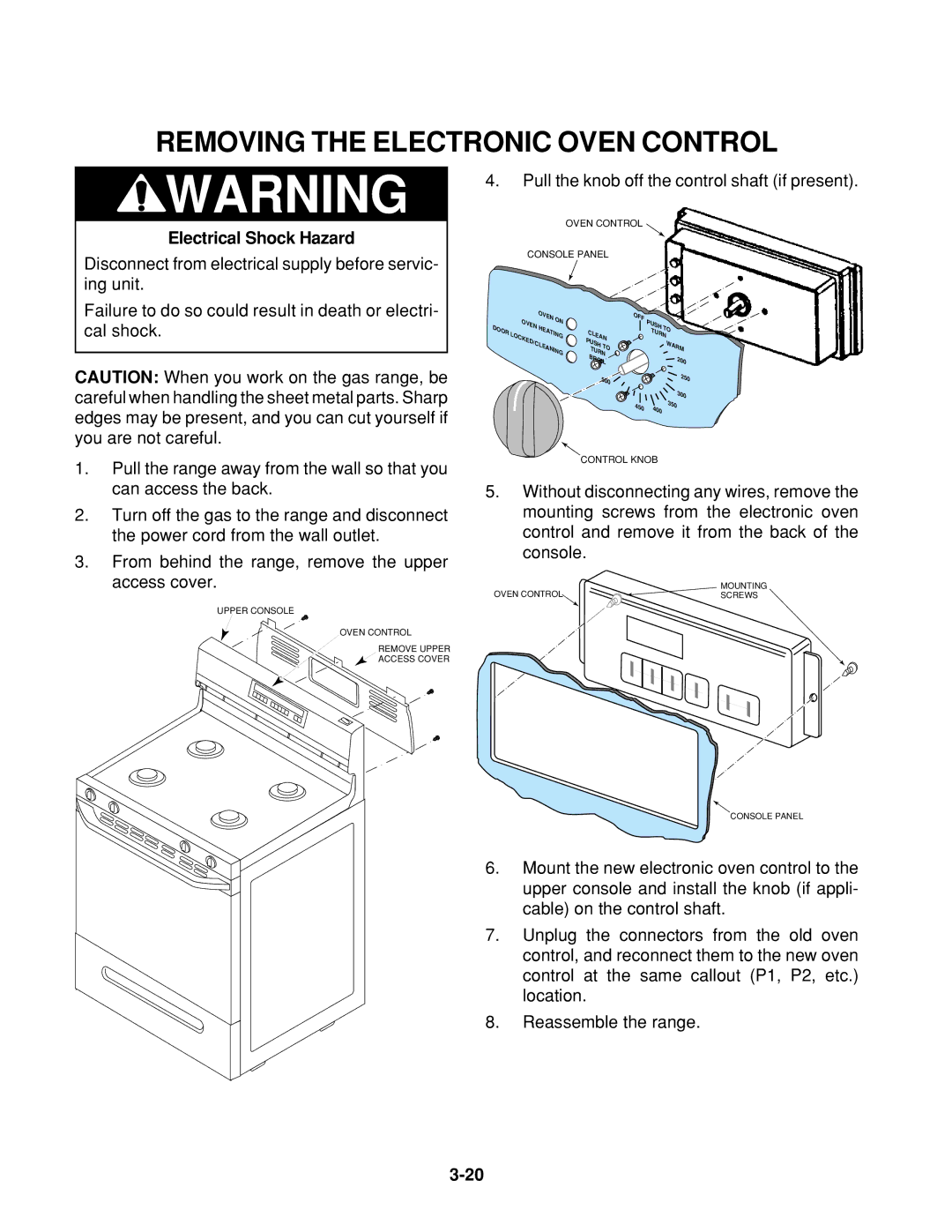 Whirlpool SF385PEE Q/Z, TGS325E W Removing the Electronic Oven Control, Pull the knob off the control shaft if present 