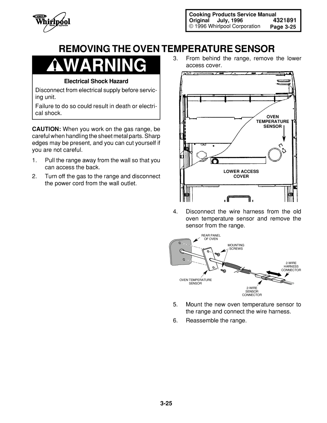 Whirlpool SF375PEE Q/Z, SF395LEE Q/Z/B, TGS325E W, SF385PEE Q/Z, SF372BEE Q/Z, SF350BEE W Removing the Oven Temperature Sensor 