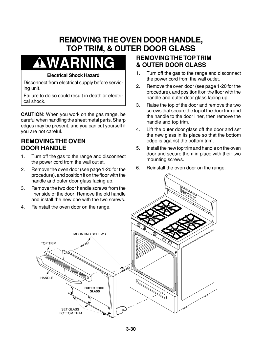 Whirlpool SF395LEE Q/Z/B, TGS325E W, SF385PEE Q/Z, SF372BEE Q/Z Removing the Oven Door Handle TOP TRIM, & Outer Door Glass 