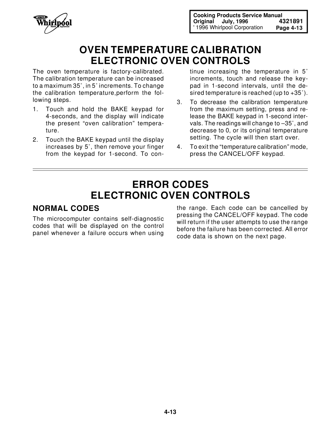 Whirlpool SF372BEE W/N Oven Temperature Calibration Electronic Oven Controls, Error Codes Electronic Oven Controls 