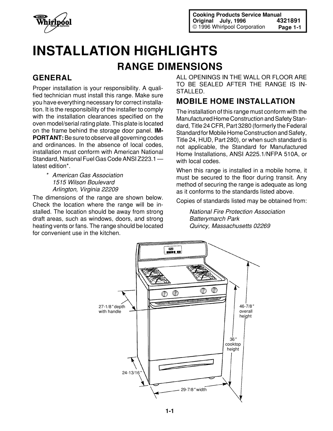 Whirlpool SF375PEE W/N, SF395LEE Q/Z/B, TGS325E W, SF385PEE Q/Z Range Dimensions, General, Mobile Home Installation 