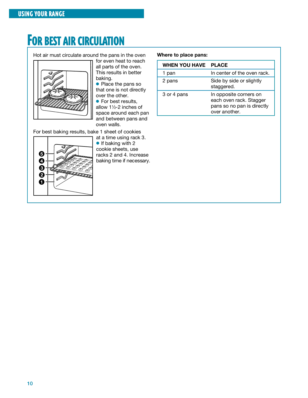 Whirlpool SF395LEE manual For Best AIR Circulation, Where to place pans, When YOU have Place 