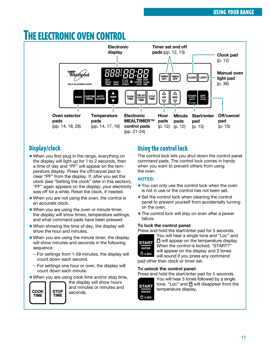 Whirlpool SF395LEE manual Electronic Oven Control, Display/clock, Using the control lock, Mealtimer 