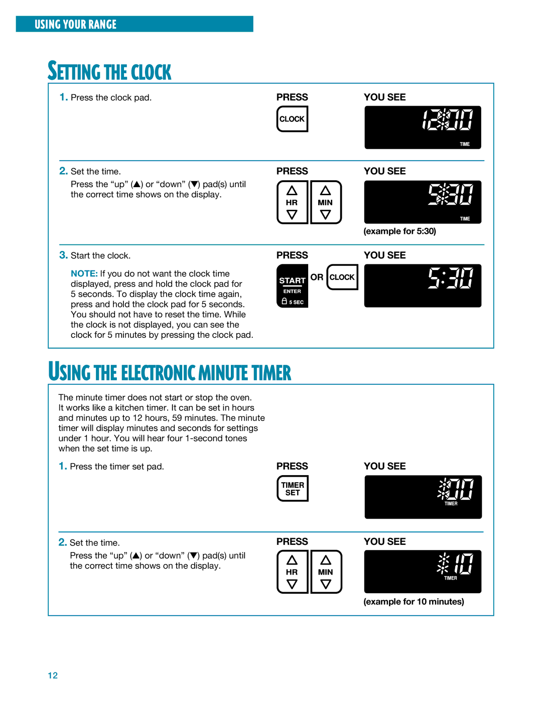 Whirlpool SF395LEE manual Setting the Clock, Example for 10 minutes 