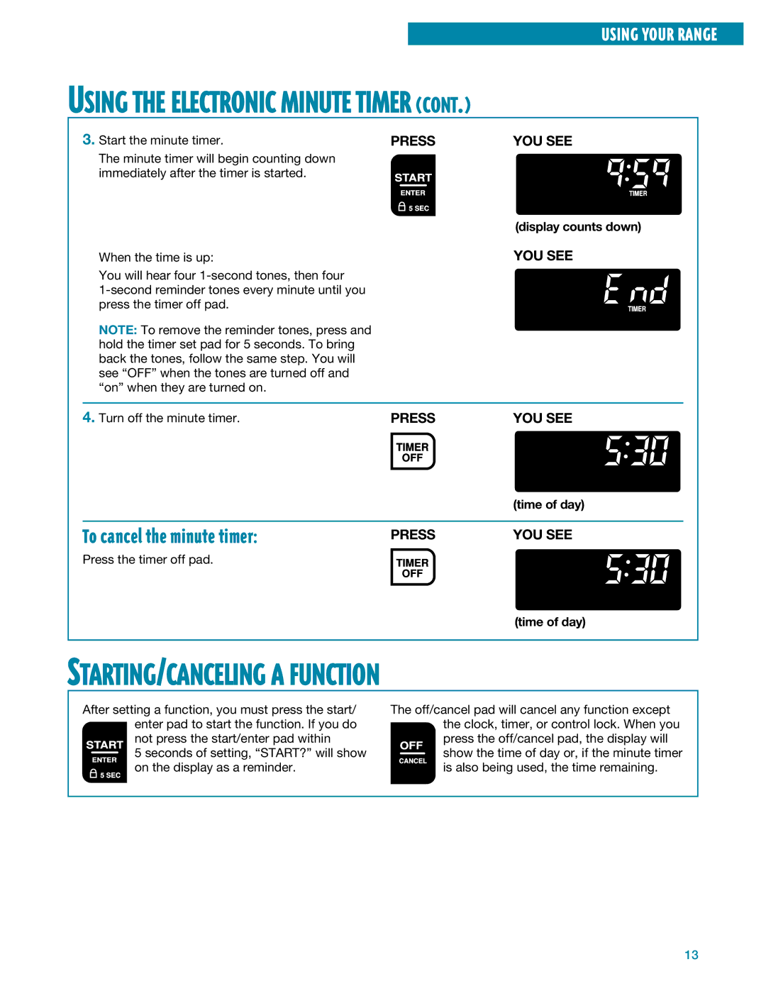 Whirlpool SF395LEE manual STARTING/CANCELING a Function, To cancel the minute timer, Display counts down, Time of day 