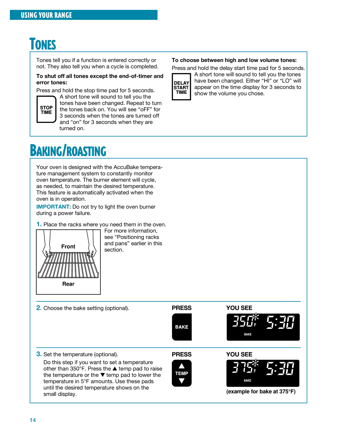 Whirlpool SF395LEE manual Tones, Baking/Roasting, To choose between high and low volume tones 