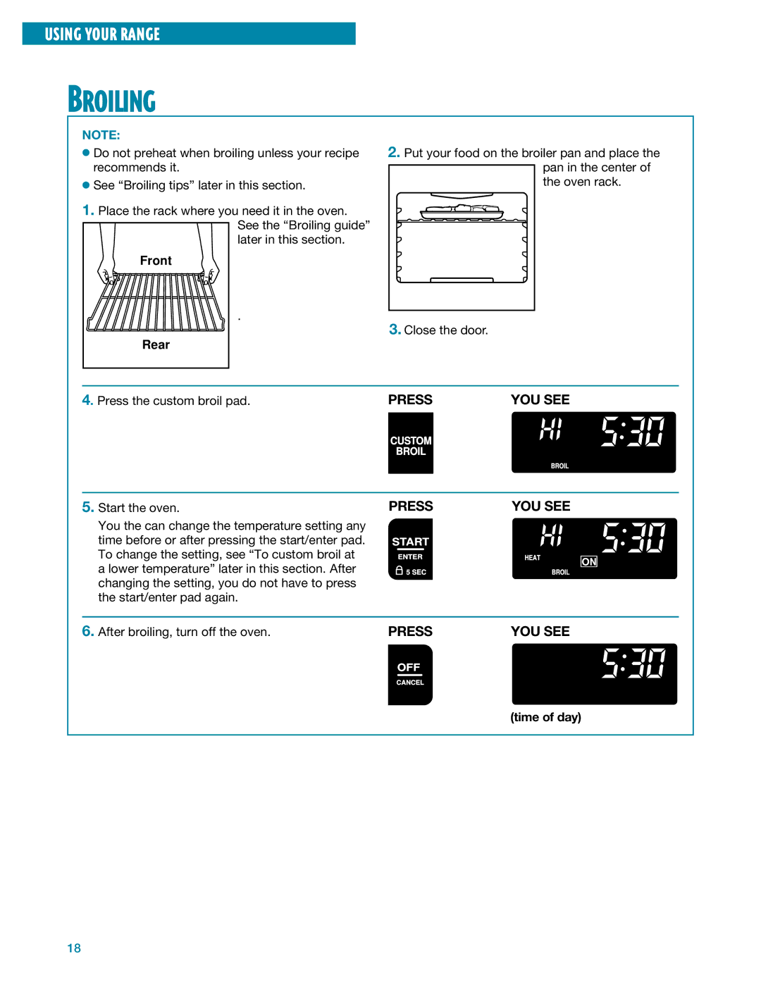 Whirlpool SF395LEE manual Broiling, Front Rear 