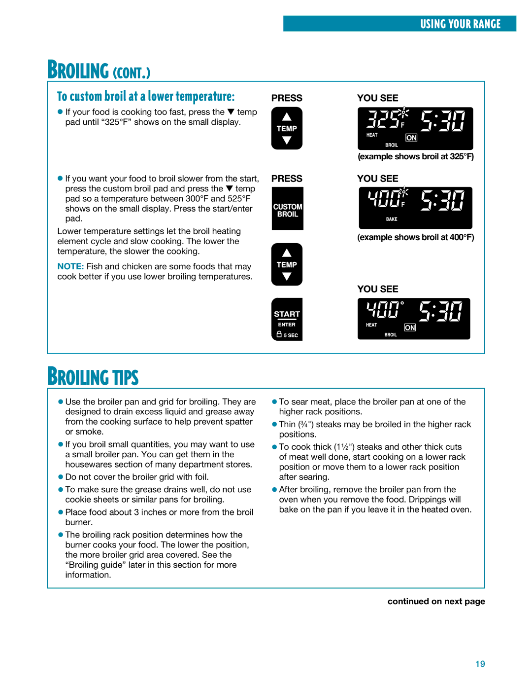 Whirlpool SF395LEE manual Broiling Tips, Example shows broil at 325F 