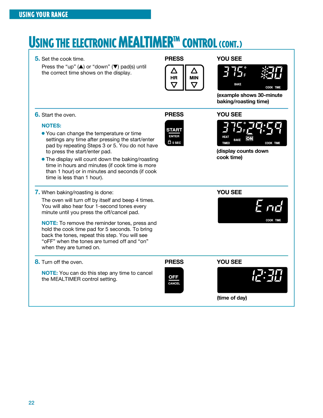 Whirlpool SF395LEE manual Example shows 30-minute baking/roasting time, Display counts down cook time 