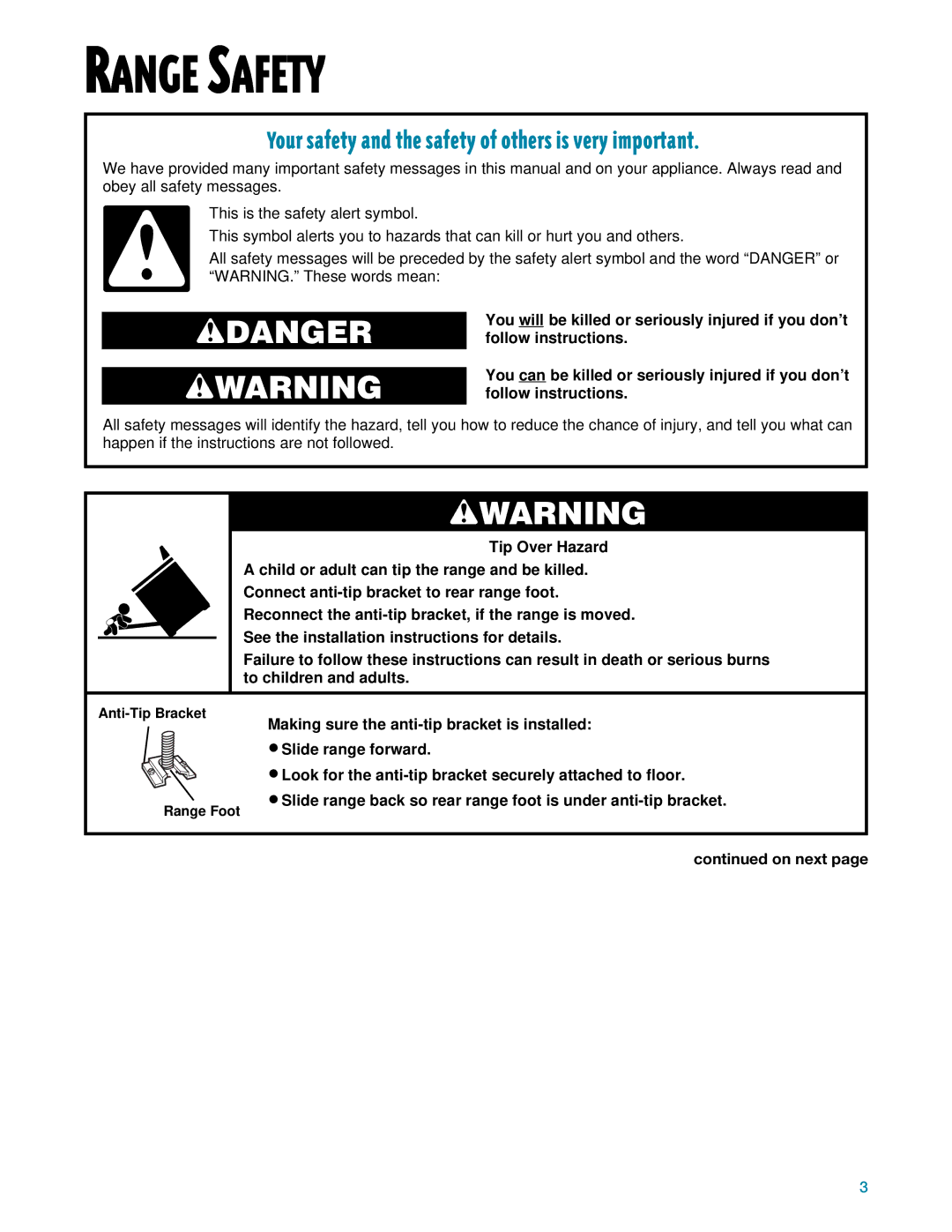 Whirlpool SF395LEE manual Range Safety, On next 