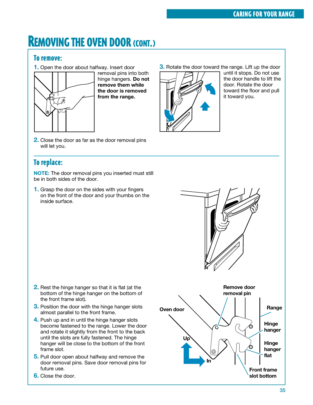 Whirlpool SF395LEE manual To remove, To replace, From the range 