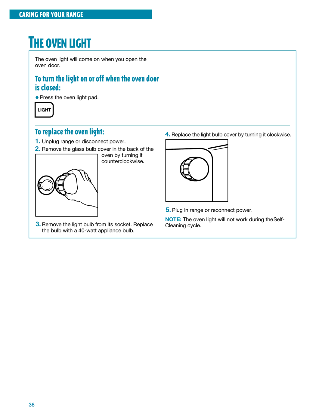 Whirlpool SF395LEE manual Oven Light, To replace the oven light 