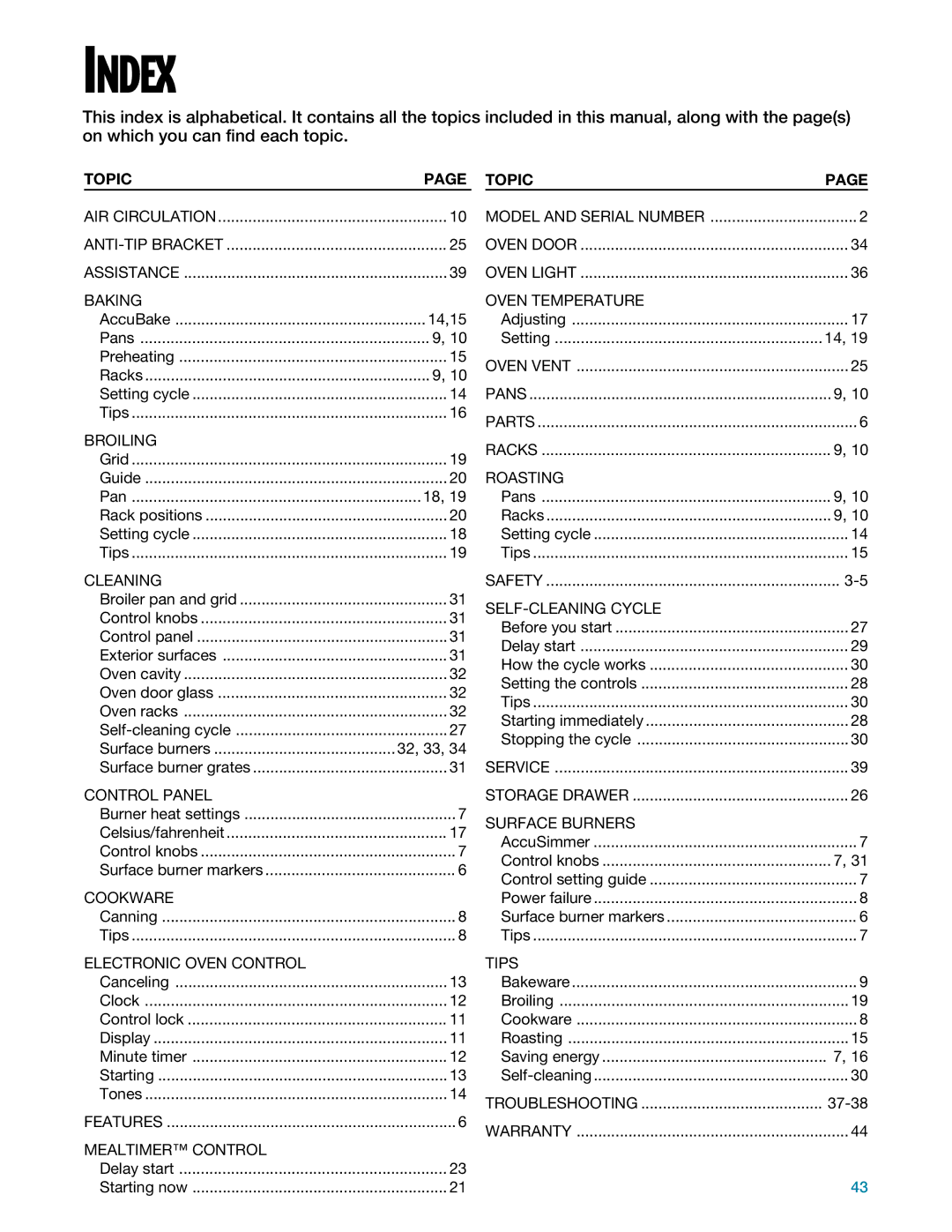 Whirlpool SF395LEE manual Index, Topic 