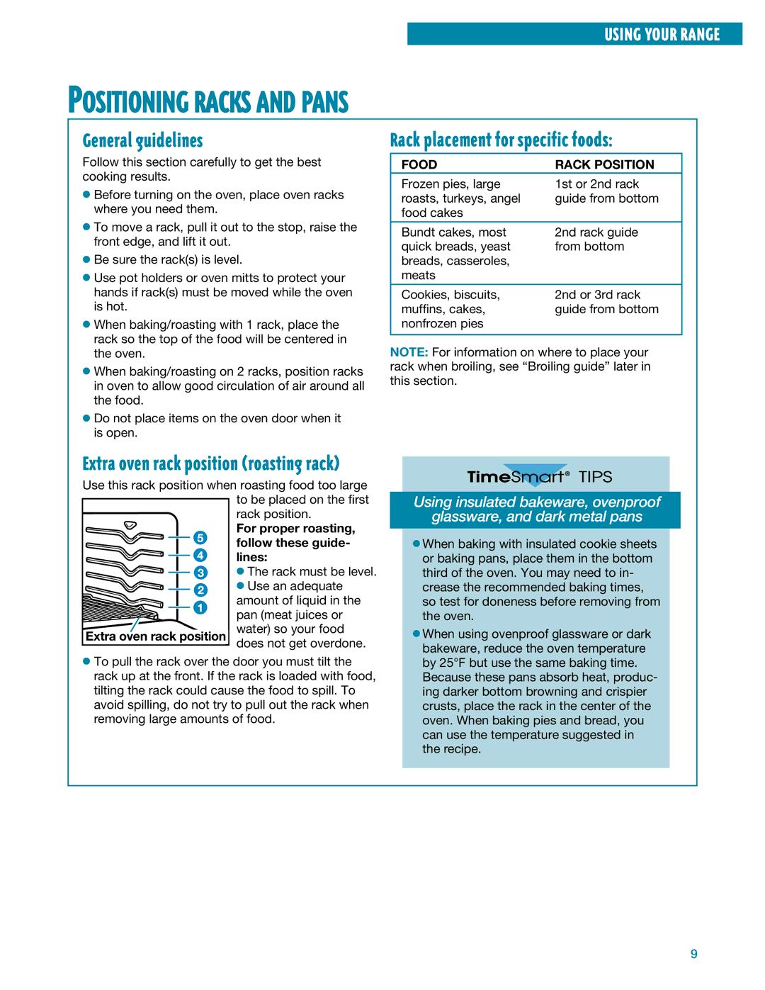 Whirlpool SF395LEE Positioning Racks and Pans, General guidelines, Rack placement for specific foods, Food Rack Position 