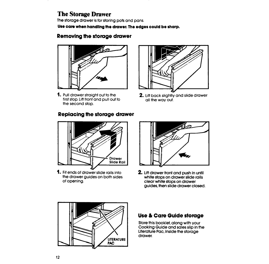 Whirlpool SF395PEP manual Storage Drawer, Removing the sfomge drawer, Replacing the storage drawer, Use & Care Guide stomge 